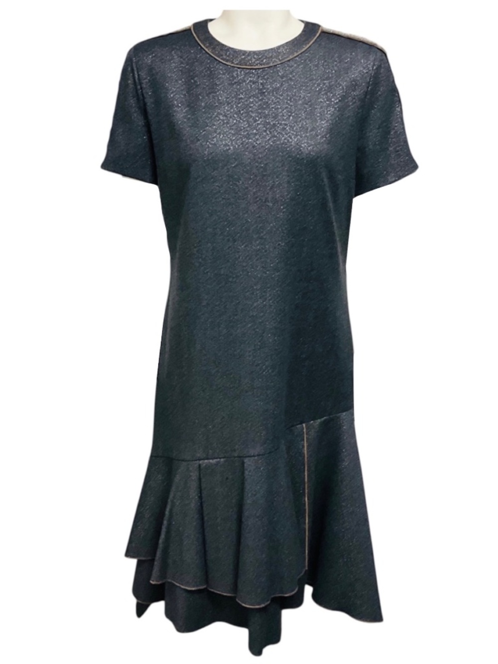 BRUNELLO CUCINELLI CHARCOAL GREY / SILVER METALLIC SHIMMER SHORT SLEEVED FLARED